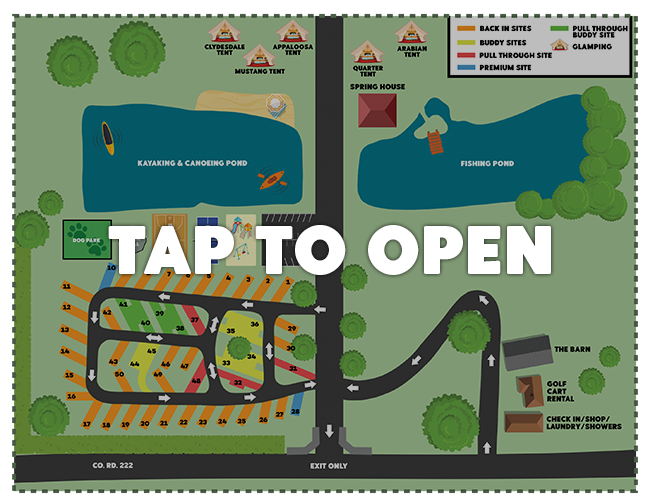 Colorful campground map with roads, tents, lake, trees, and a large “TAP TO OPEN” overlay, 125 chars