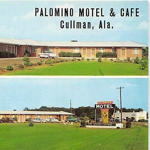 Vintage postcard of Palomino Motel & Cafe in Cullman, Alabama, with two views of the roadside building and sign