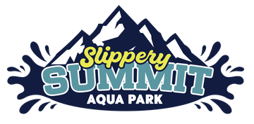 Slippery Summit Aqua Park logo in navy, teal, white, and yellow with mountain and splash graphics