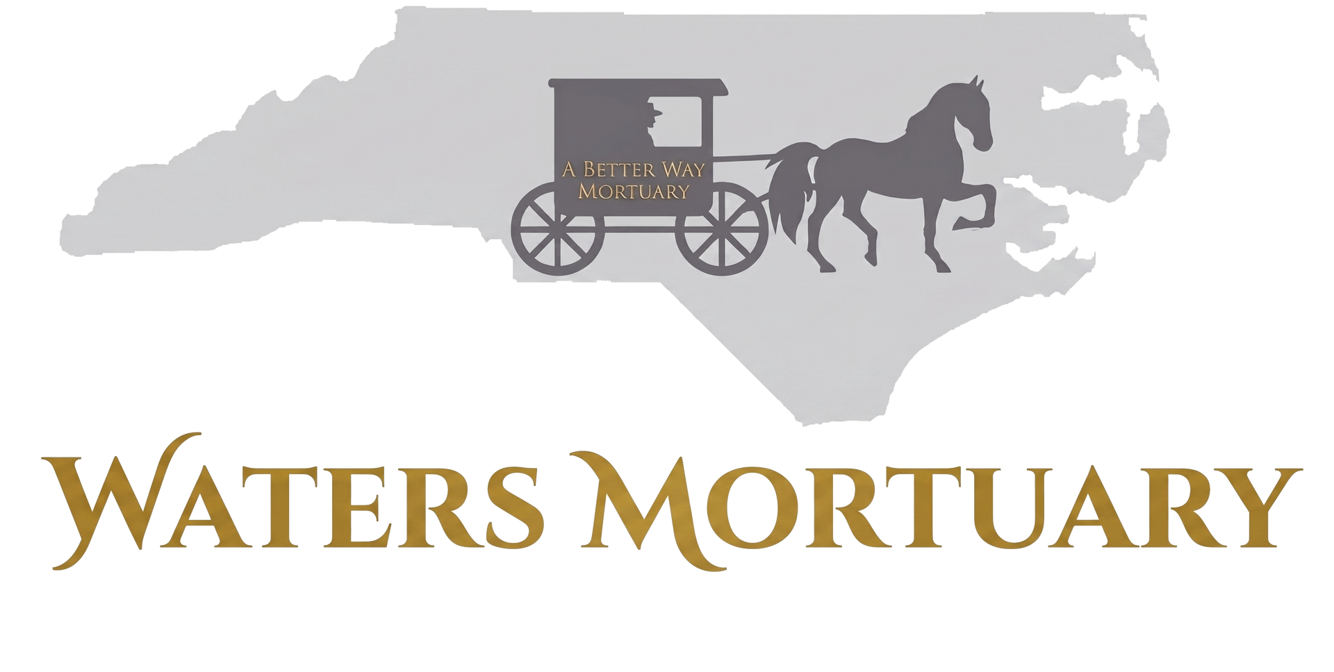 Waters Mortuary logo with gray horse-drawn hearse and gold text on white background