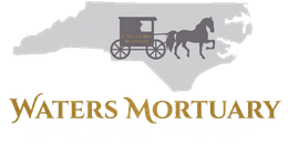 Waters Mortuary logo with gray horse-drawn hearse and gold text on white background