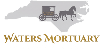 Waters Mortuary logo with gray horse-drawn hearse and gold text on white background