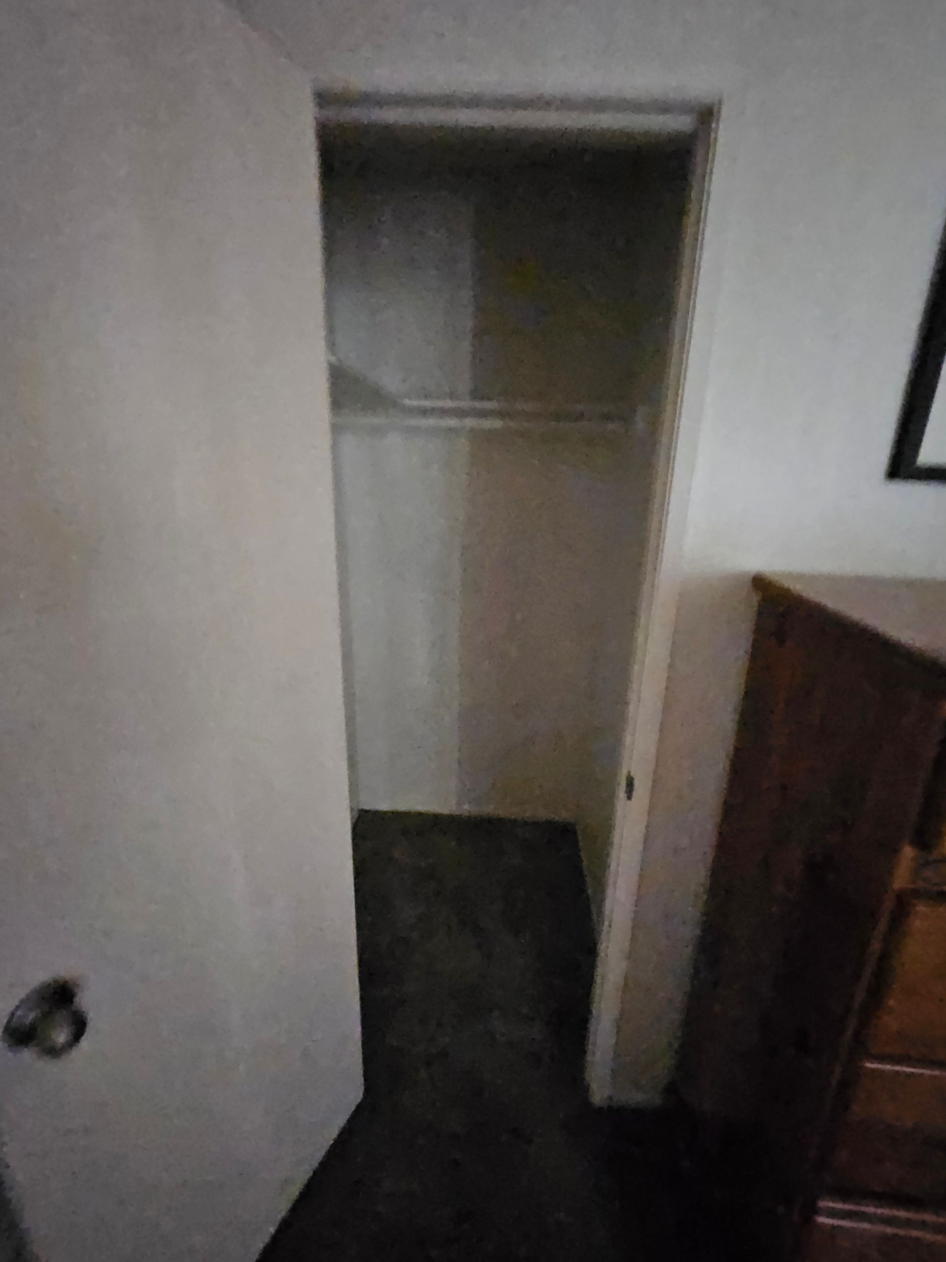 Narrow empty closet with open door and white walls, dark carpet, and wooden dresser at right.