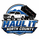 Haul It North County junk removal logo with white pickup truck and black dump trailer on blue circle background