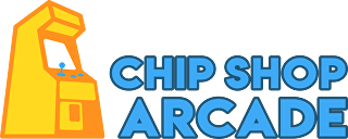 The logo for chip shop arcade shows a yellow arcade machine.