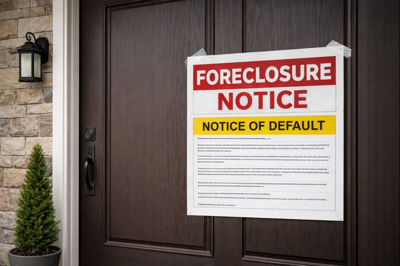 Foreclosure notice posted on a home’s front door with a red and yellow warning sign