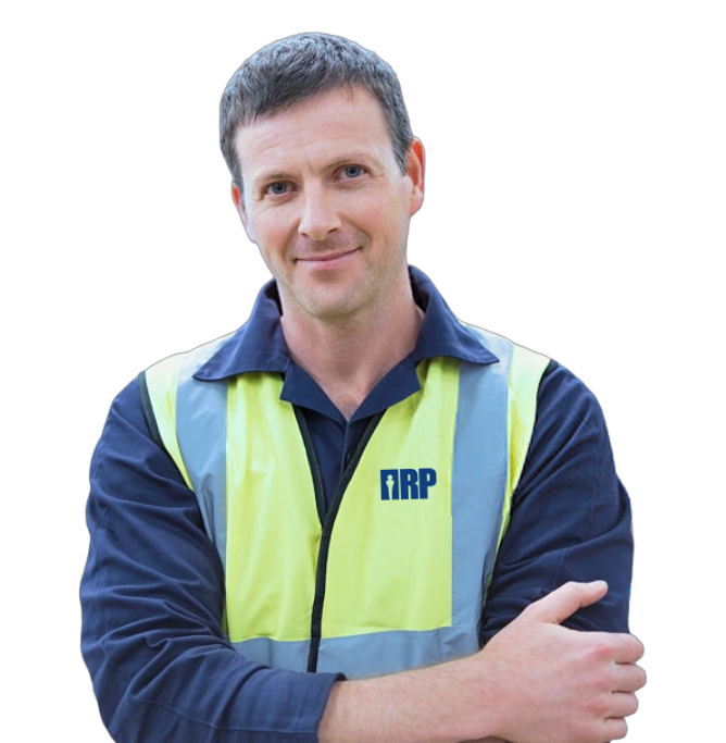 A man wearing a hi-vis top with an IRP logo on it