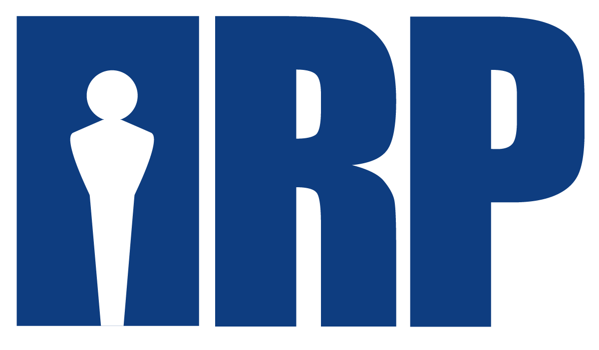 Logo for Industrial Recruitment Partners. Dark blue letters IRP with a person in the I.