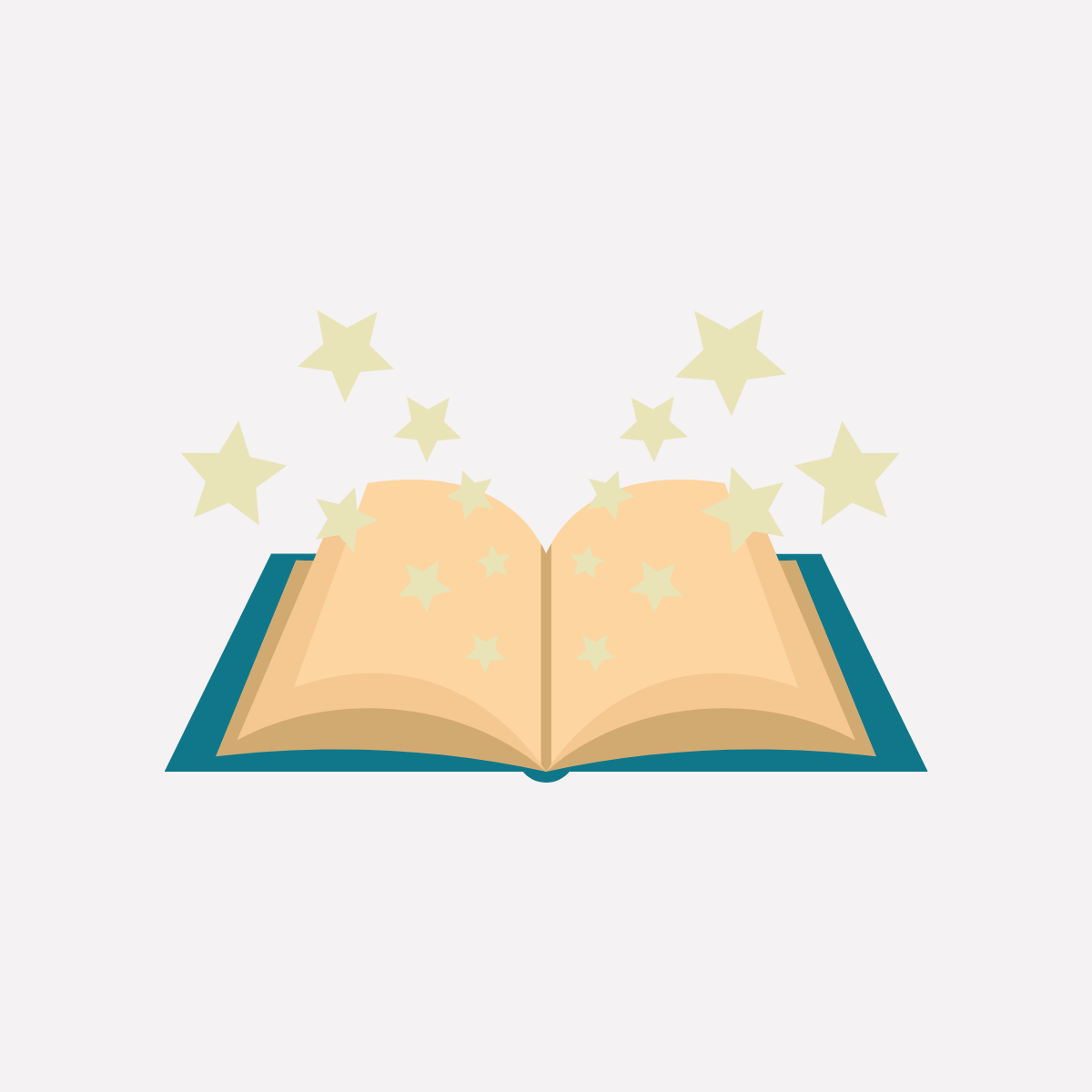 A dark green book with gold pages and stars coming out of it