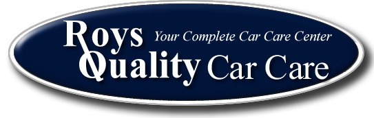 The logo for roy 's quality car care is blue and white