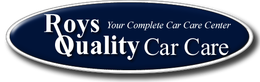 The logo for roy 's quality car care is blue and white