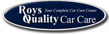 The logo for roy 's quality car care is blue and white