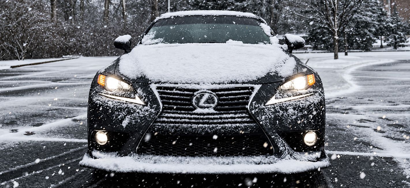Black luxury sedan driving through falling snow with headlights on and snow covering the hood