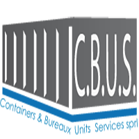 Logo CBUS en gris et blanc avec slogan bleu pour les services de conteneurs et d'unités de bureau