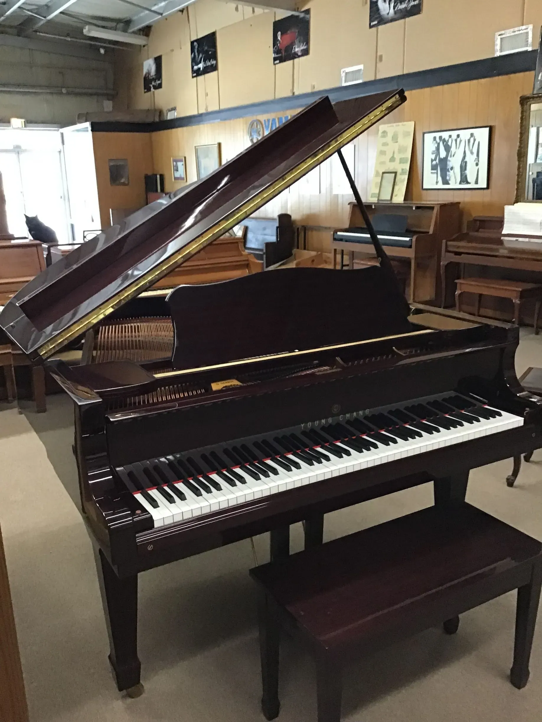 A grand piano is sitting in a room with its lid open.