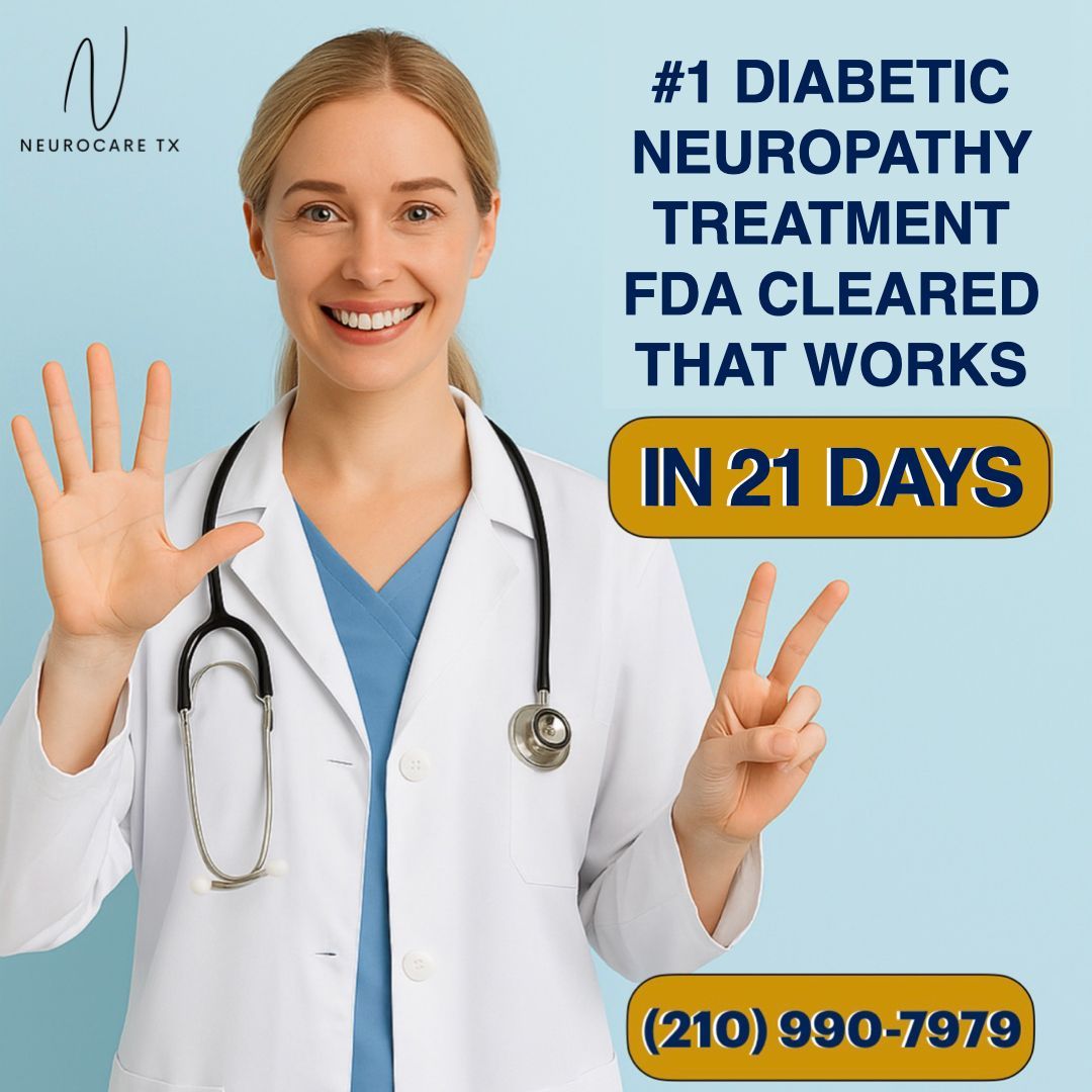 Smiling doctor in white coat with stethoscope beside text: “Diabetic neuropathy treatment, FDA cleared, works in 21 days.”