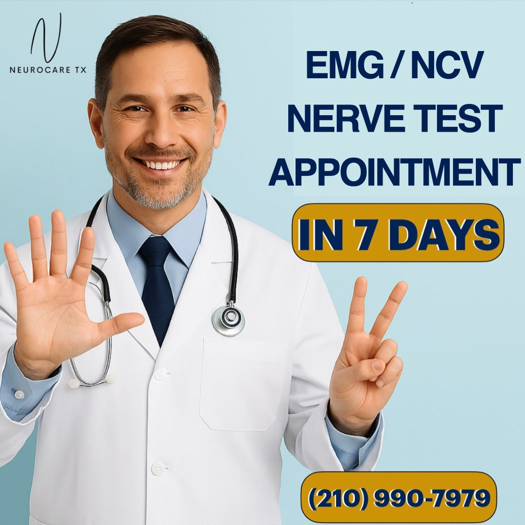 Doctor in white coat promoting EMG/NCV nerve test appointment in 7 days, with phone number and hand gesture￼