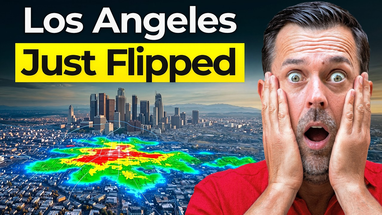 Los Angeles headline graphic with colorful seismic heat map and a shocked man in red shirt