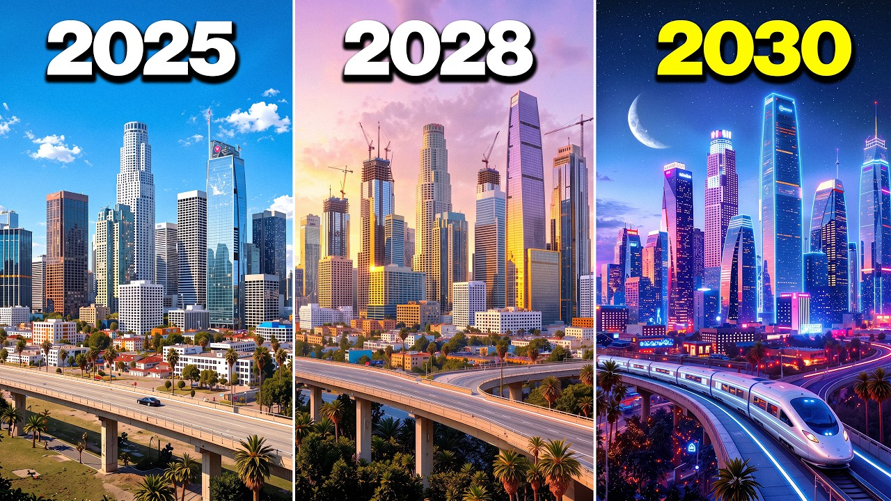 Three city skyline panels labeled 2025, 2028, and 2030, showing a futuristic urban transformation.