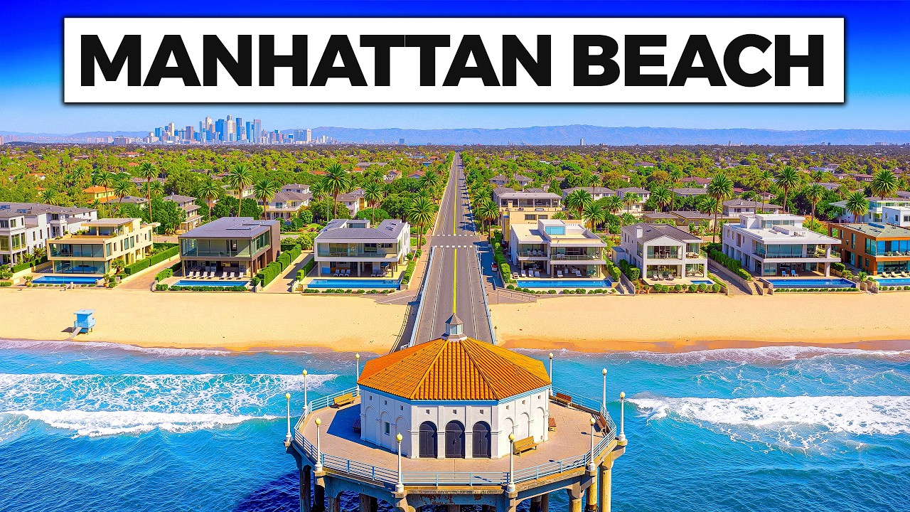 Manhattan Beach aerial view with ocean waves, sandy shore, beachfront homes, and a pier pavilion in the foreground
