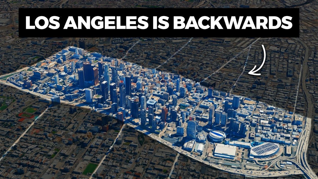 3D aerial of Los Angeles shown backward, with white text “LOS ANGELES IS BACKWARDS” and an arrow pointing to the city