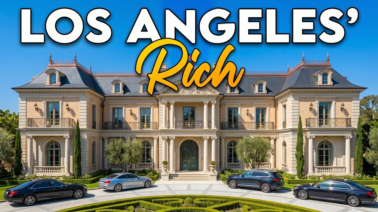 Luxury mansion with cars and the title “Los Angeles’ Rich” across the top