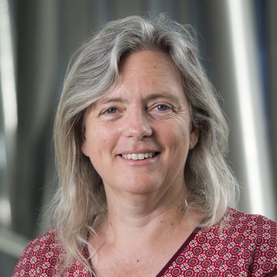 A headshot of a smiling person with shoulder-length, light-colored hair, wearing a patterned red shirt against a gray background.