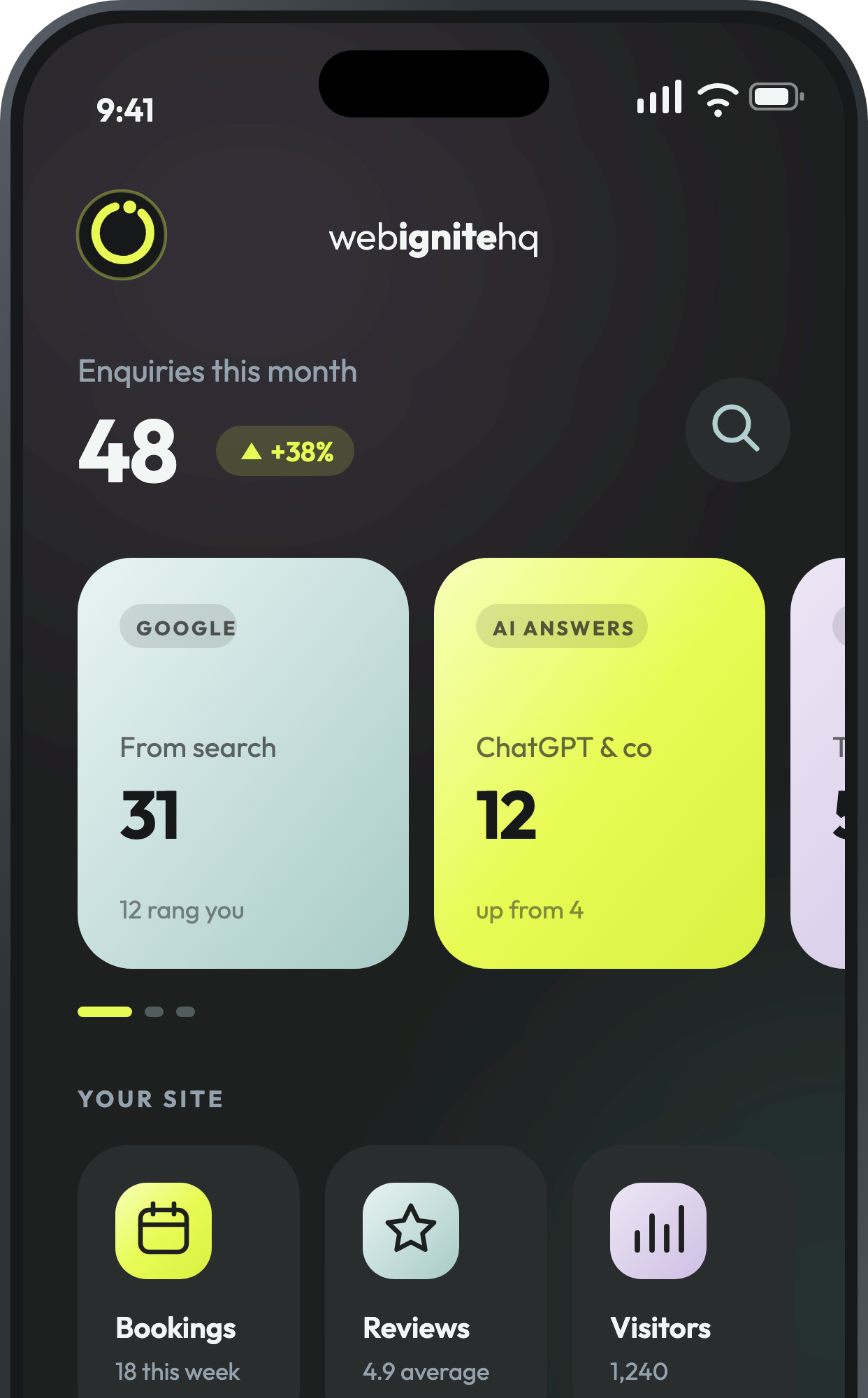 Dark finance app dashboard on a phone with balance cards and pie/bar stats in yellow and white tiles