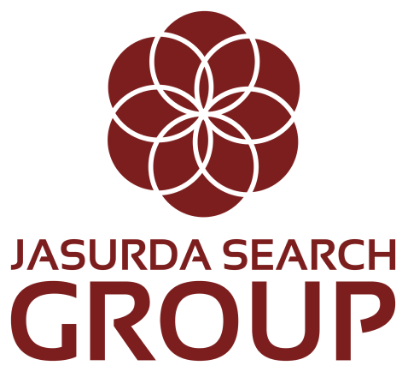 Jasurda Search Group logo in maroon with stylized flower emblem and bold company name