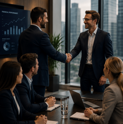 Business meeting with two men shaking hands in a modern conference room, colleagues seated around a table.