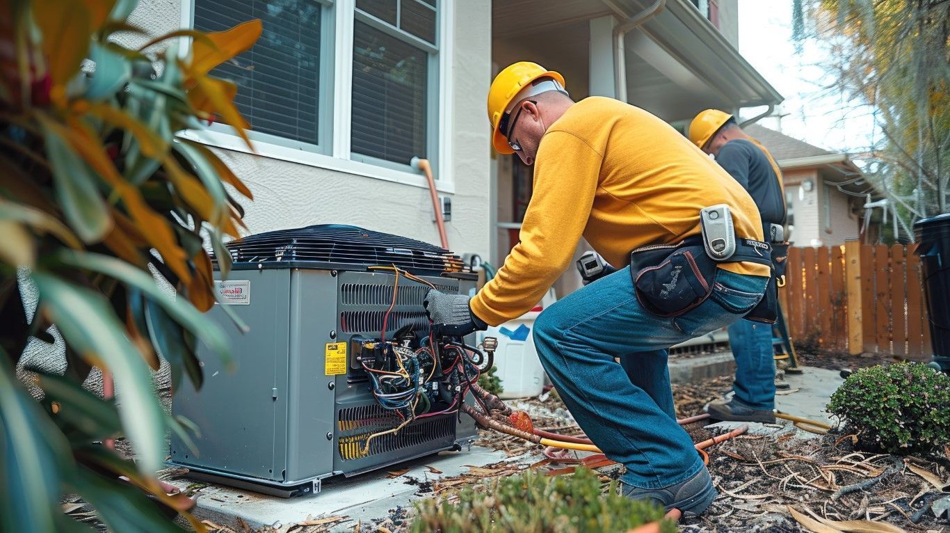 Technician in yellow hard hat repairing an outdoor HVAC unit beside a house