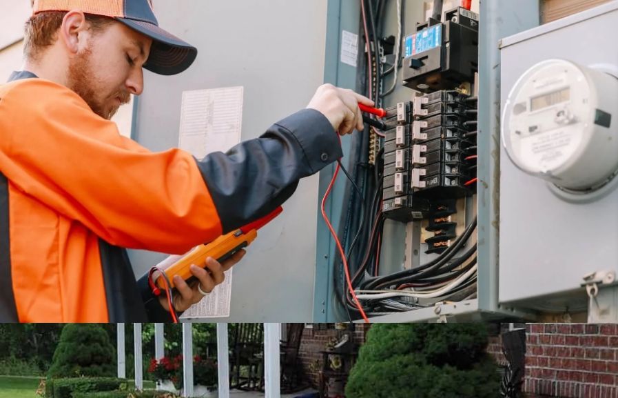 Electrician in orange jacket inspecting an open circuit panel with a multimeter outdoors