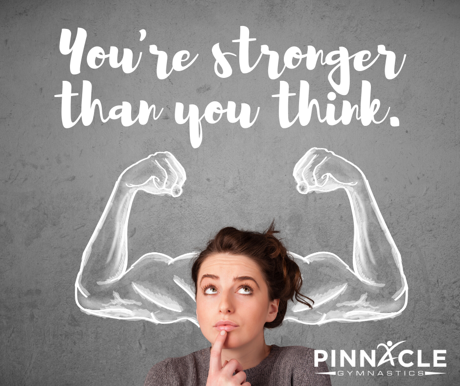 A woman thinking under the quote 'you're stronger than you think'