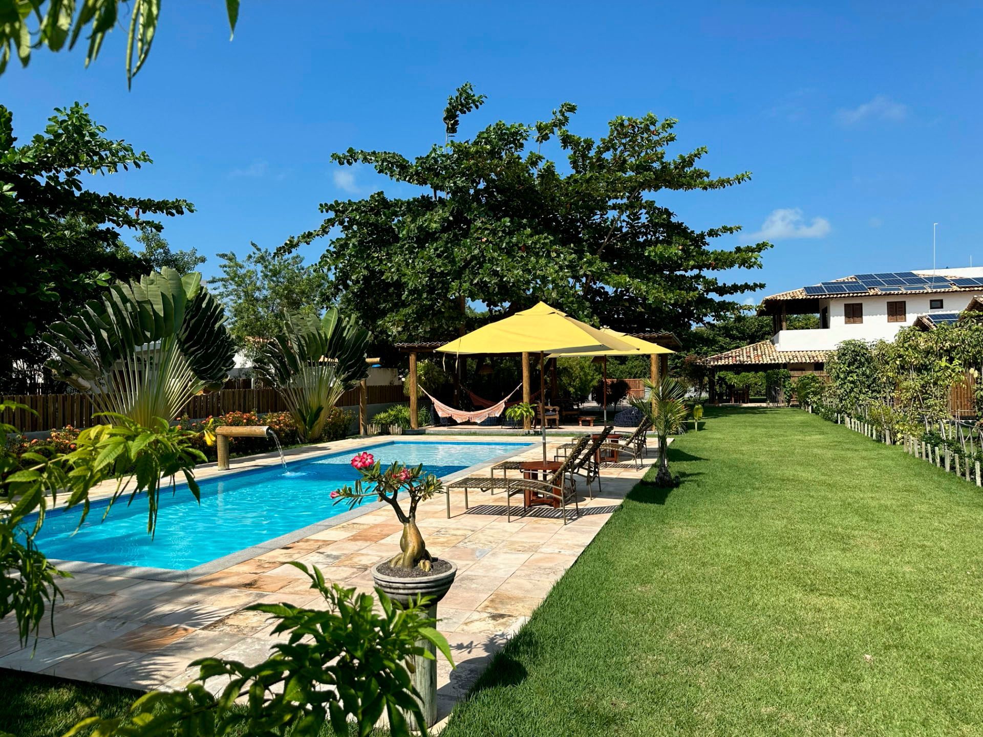 Piscina no quintal com espreguiçadeiras, guarda-sol amarelo e gramado verde sob um céu azul.