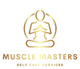 A gold-colored logo featuring a figure in a meditative pose inside a circle, with text reading 