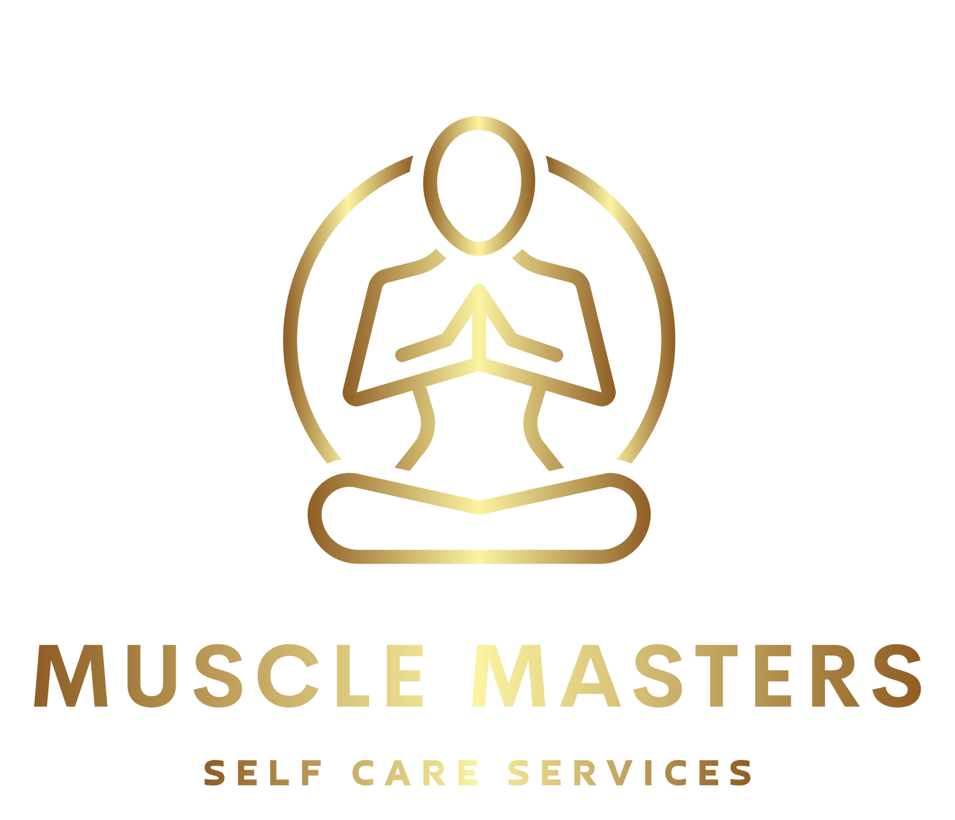 A gold-colored logo featuring a figure in a meditative pose inside a circle, with text reading
