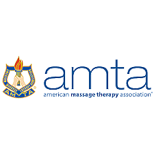 Logo for the American Massage Therapy Association (AMTA), featuring a torch-bearing emblem next to the blue text