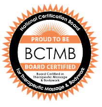 Orange and black National Certification Board for Therapeutic Massage & Bodywork seal with