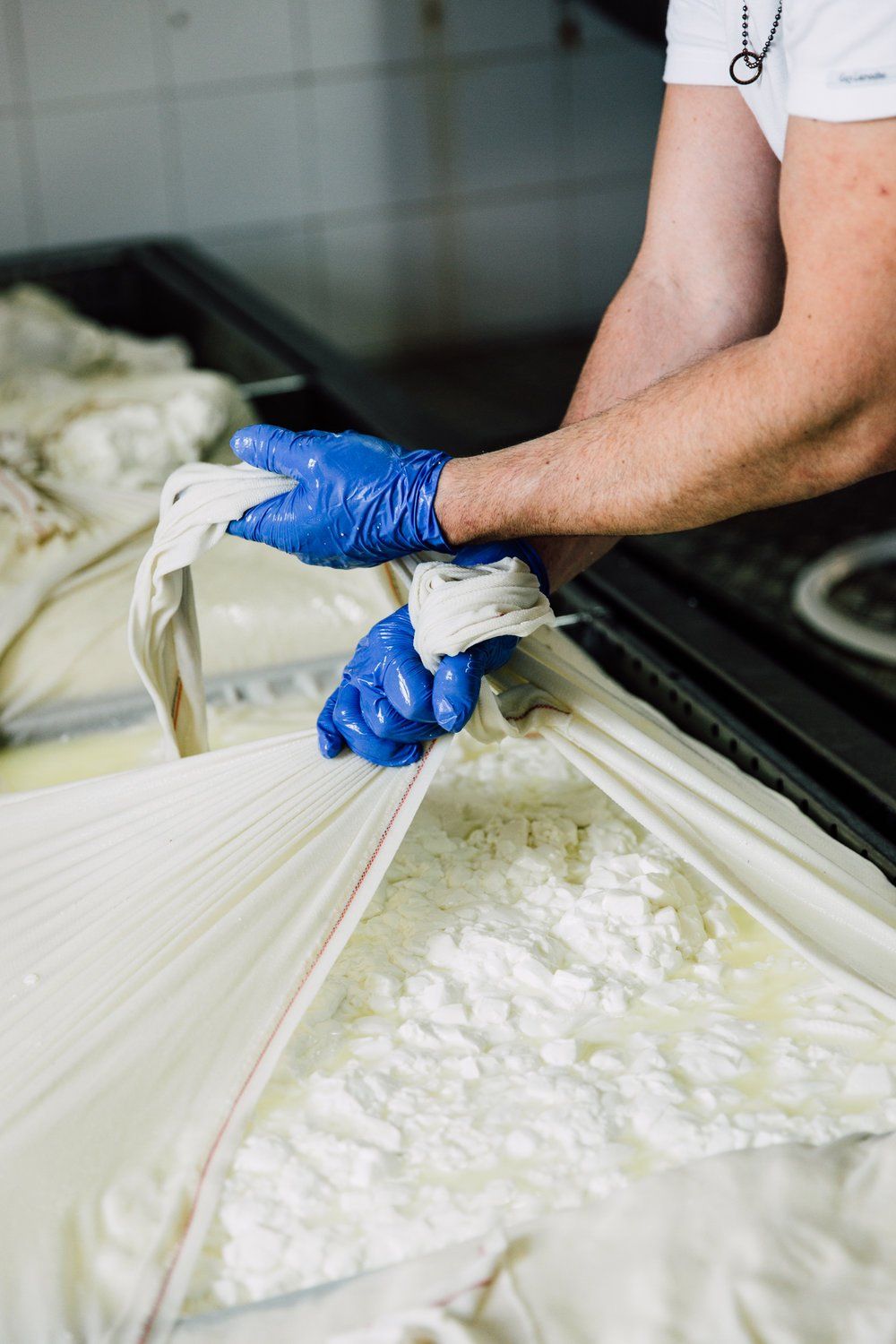 a man wearing blue gloves is making cheese in a factory .