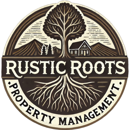 Rustic Roots Property Management logo: a tree with exposed roots, a house, and mountains.