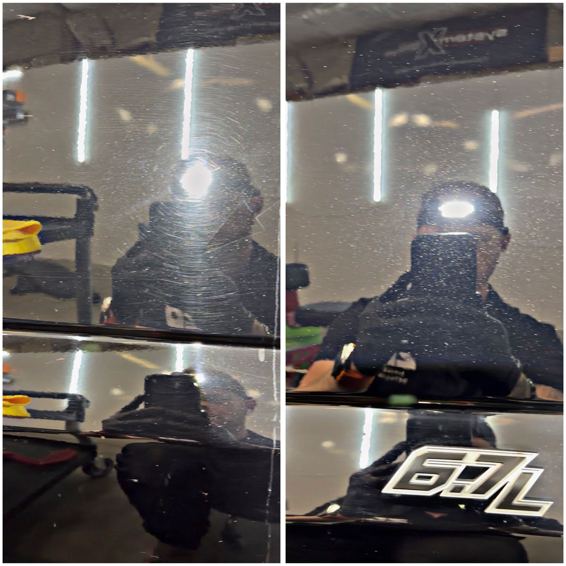 A person uses a RUPES dual-action polisher with a yellow foam pad to polish the surface of a dark-colored vehicle.