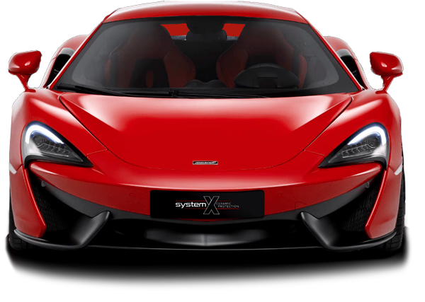A front view of a vibrant red McLaren sports car against a plain background.