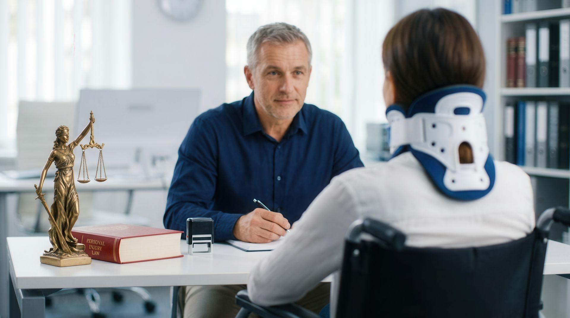 A social security disability lawyer reviews denied claim paperwork with a client at a wooden desk.