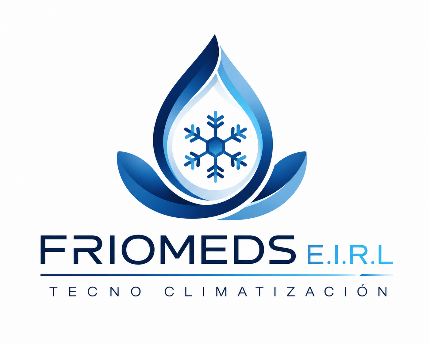 Logotipo de FRIOMEDS EIRL con gota de agua azul, copo de nieve, hojas verdes y texto “TECNO CLIMATIZACIÓN”.