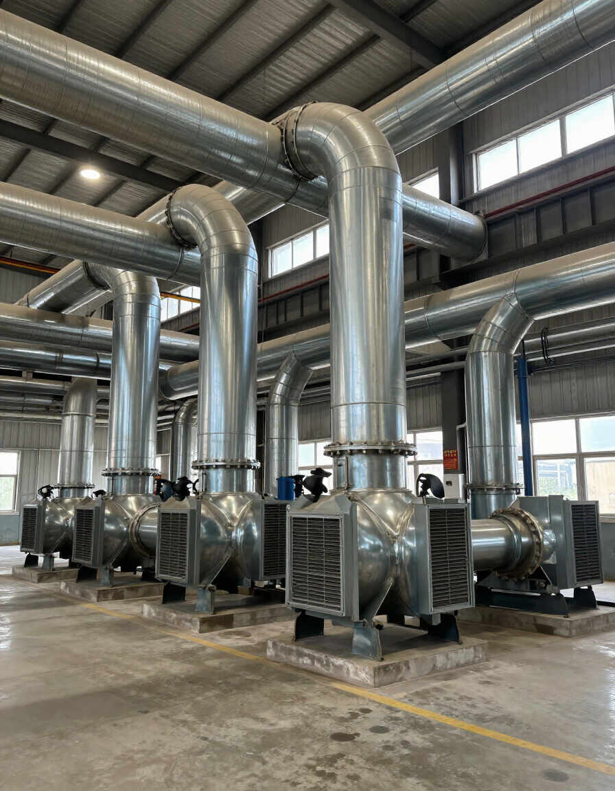 Equipo de ventilación industrial con grandes conductos plateados y ventiladores en el interior de una fábrica.