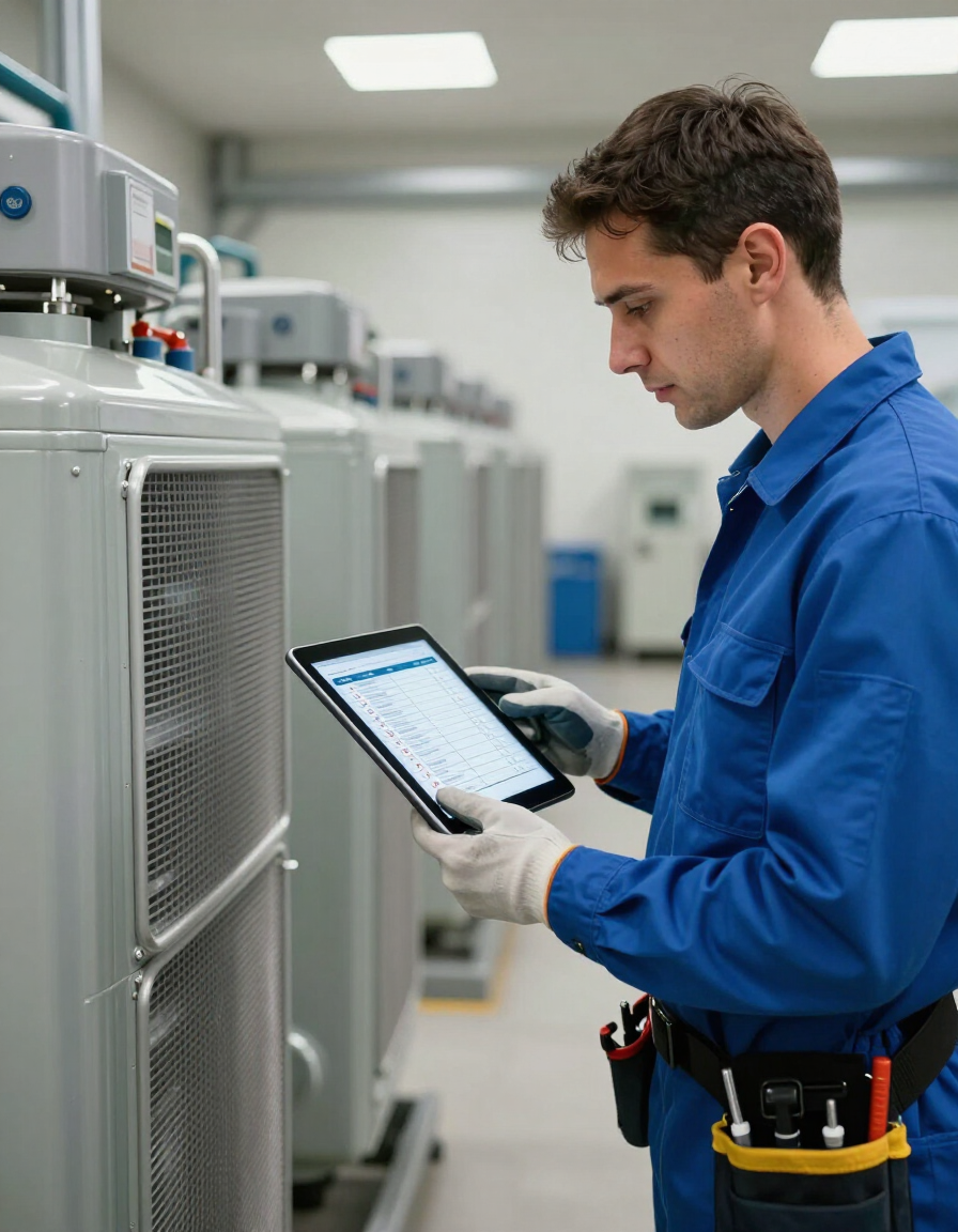 Técnico con camisa azul inspeccionando equipos industriales con una tableta en una instalación limpia.