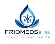 Logo de FRIOMEDS E.I.R.L. con gota azul, copos de nieve y hojas verdes; texto “Tecno Climatización”