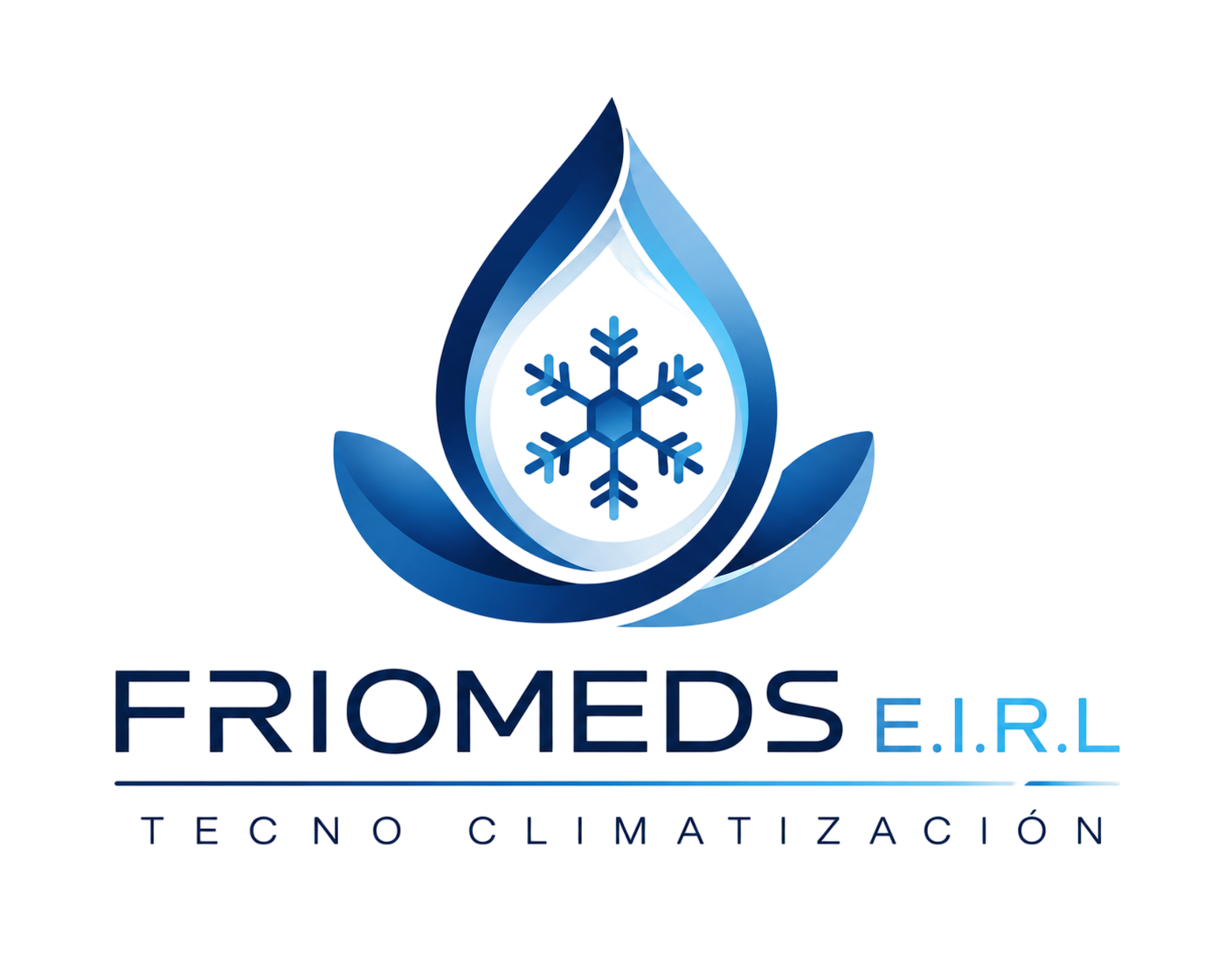 Logo de FRIOMEDS E.I.R.L. con gota azul, copos de nieve y hojas verdes; texto “Tecno Climatización”