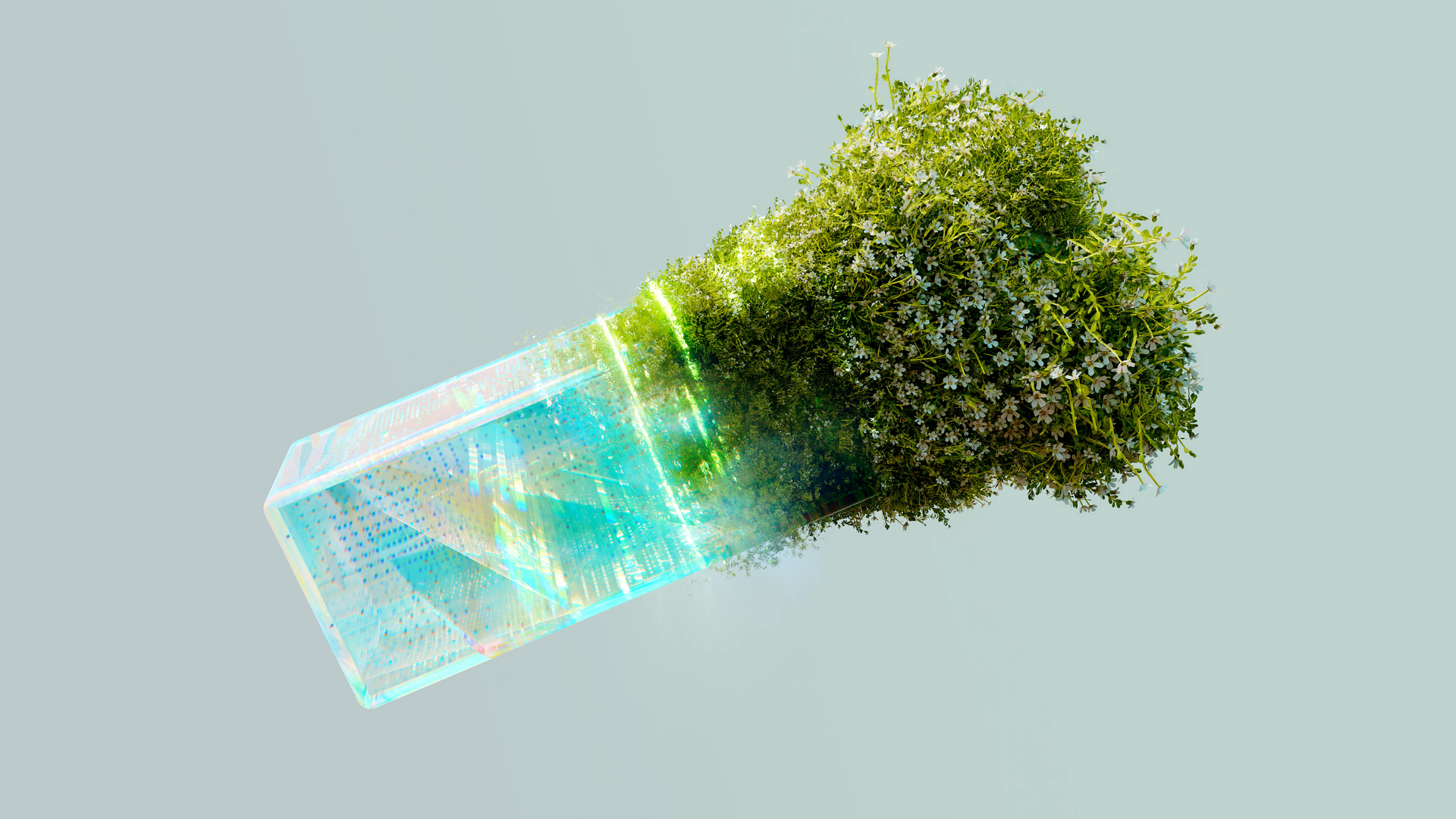 A geometric shape morphs into a burst of green foliage, with teal and green accents.