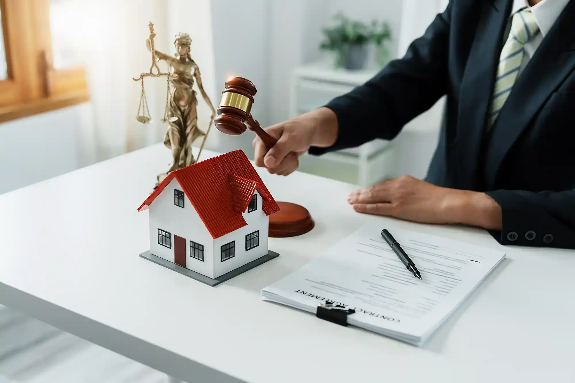 Lawyer bangs gavel over toy house, next to documents and Lady Justice statue.